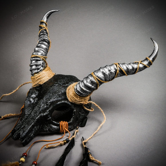 Antelope Devil Animal Skull with Silver Impala Horns Masquerade Mask - Black - Picture 5 of 10